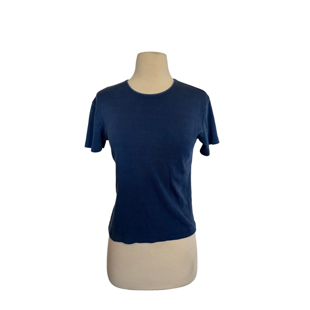 VTG Cherokee Womens Navy Blue Ribbed Knit Short Sleeve Crew Neck T-Shirt Size S